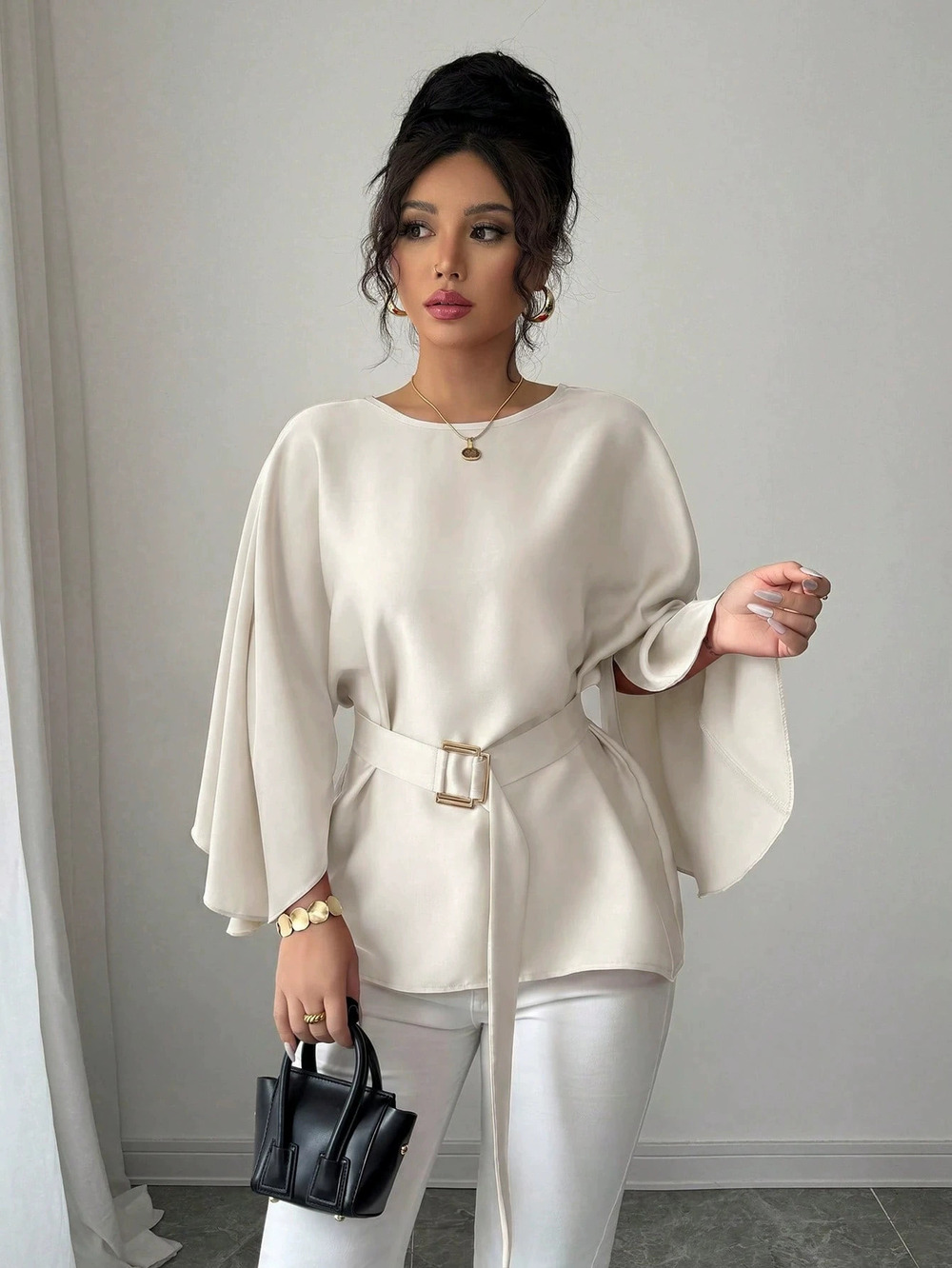 H&M French Soft Apricot Blouse Women Round Neck Slim Fit Chic
